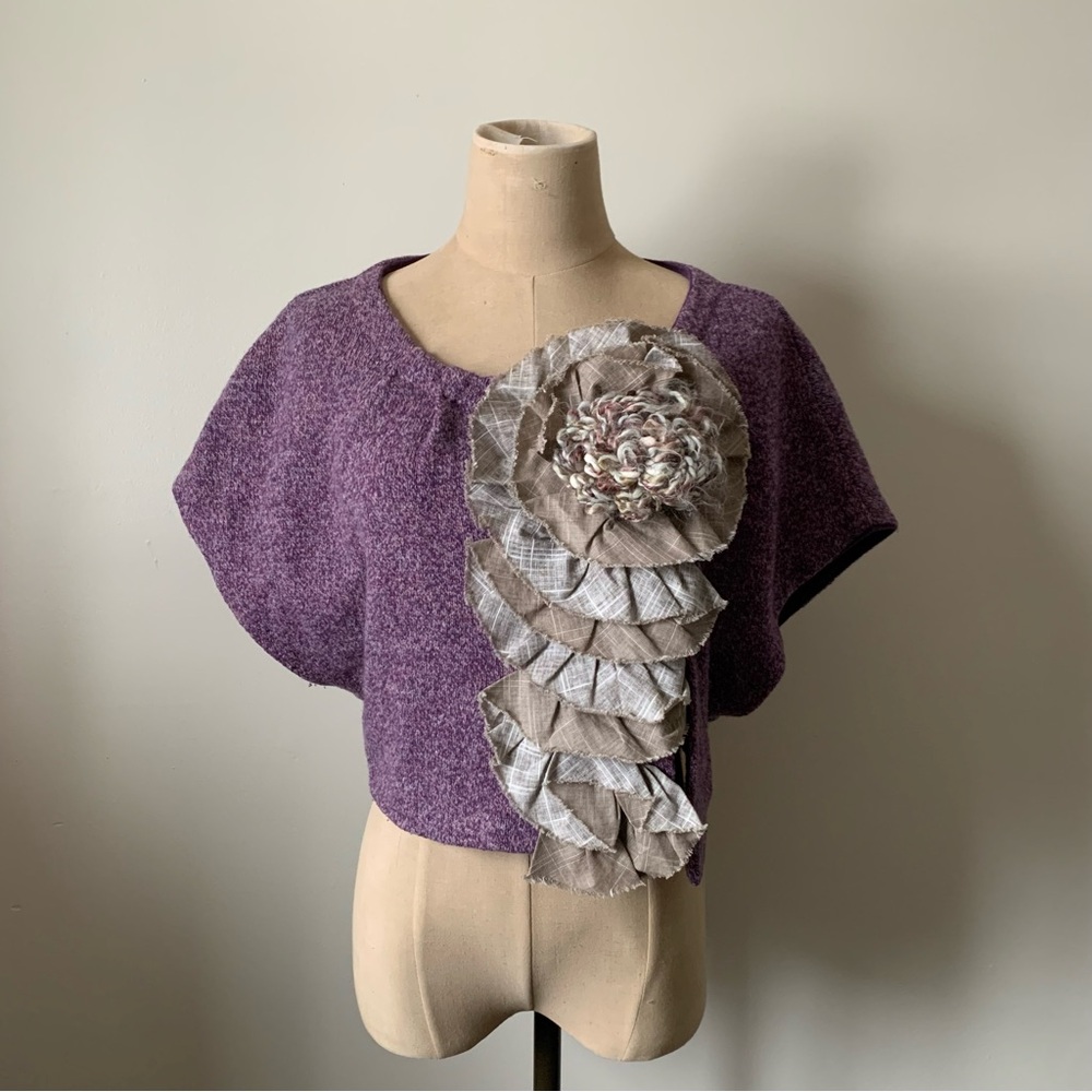 Anthropologie ‘Moth’ 3D Floral Bolero Shrug in a Purple Blended Wool Knit